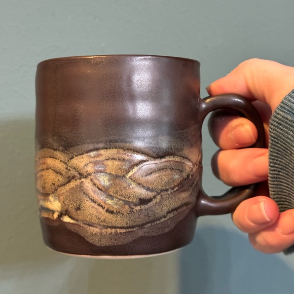 Handcrafted Brown Studio Art Pottery Mug with wave pattern on side, Stamped SP - Picture 1 of 7
